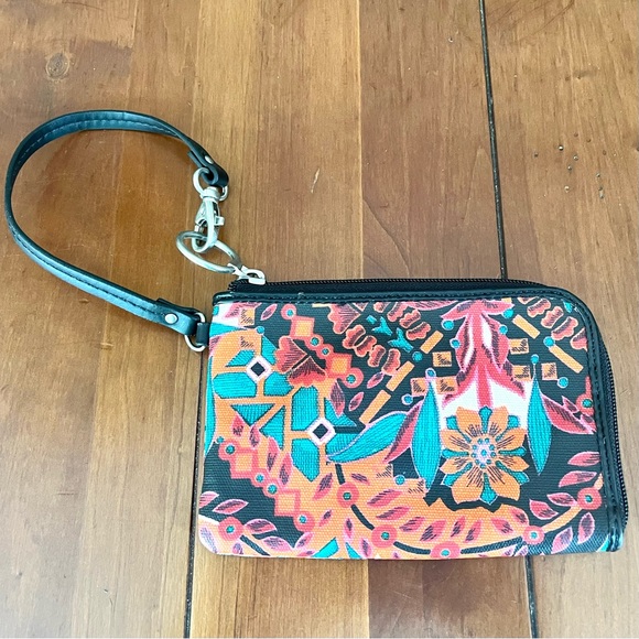 Fossil Coated Canvas Wristlet Colorful Floral Pattern Black Leather Trim Strap - Picture 7 of 11
